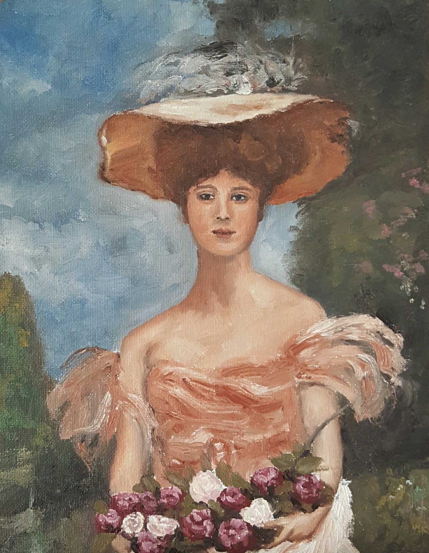 Leopold Schmutzler – a portrait of an elegant woman seated in a garden holding a bouquet of roses — image 1