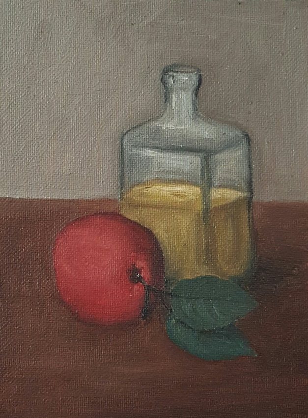 Bottle and apple still life