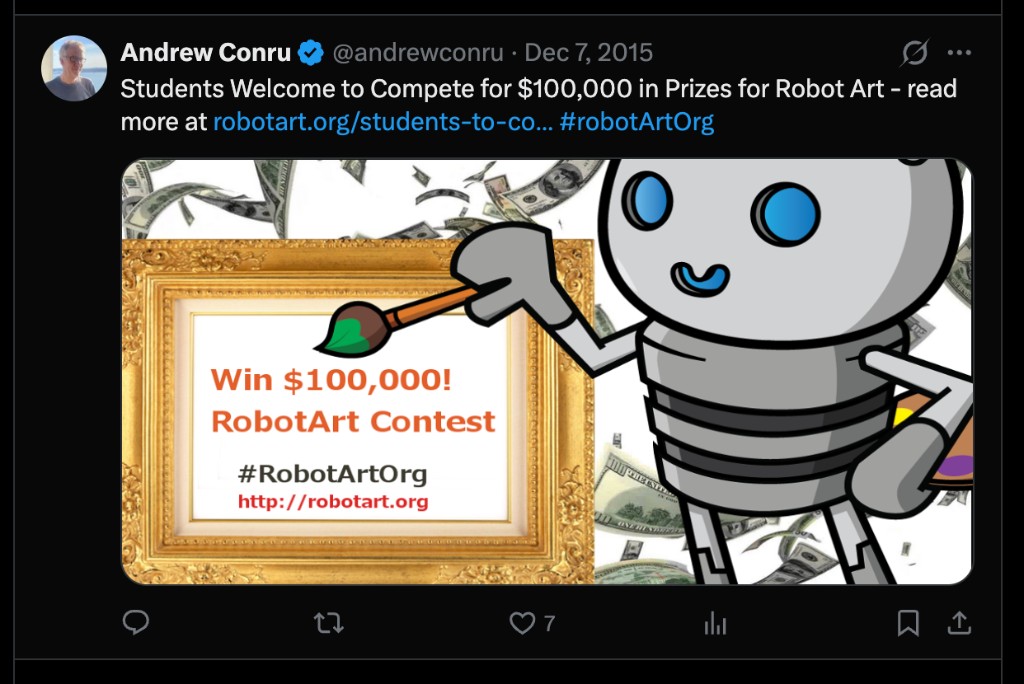 RobotArt contest promo: a cartoon robot painting in a gold frame, $100,000 prize