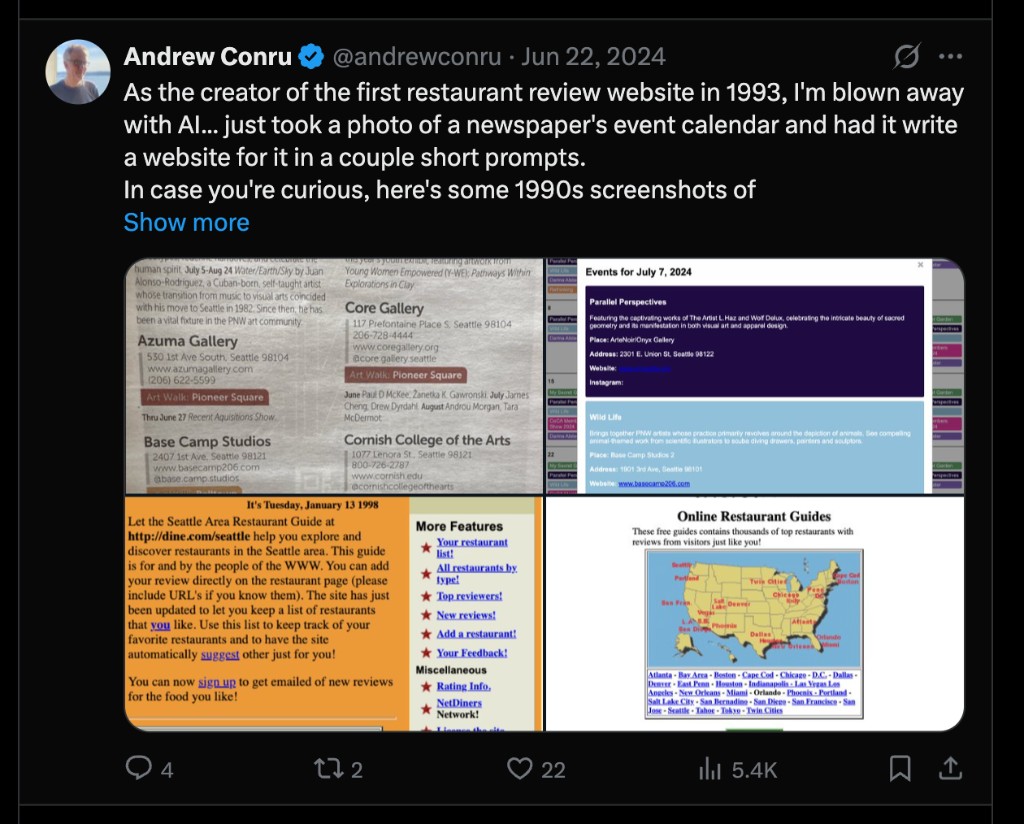 Four-panel collage comparing 1993 dine.com restaurant reviews to a modern AI-built events page