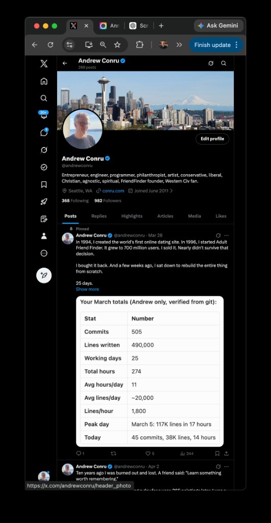 Screenshot of Andrew Conru's pinned X post with the 25-day rebuild stats table