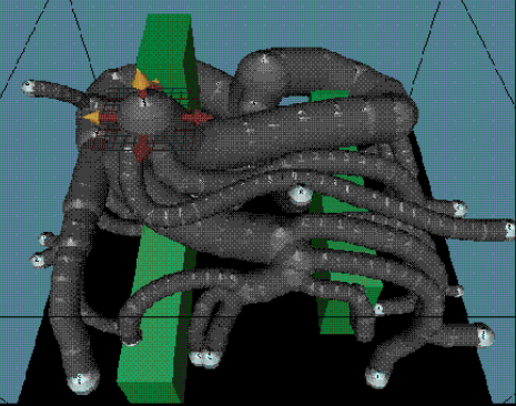 3D cable harness simulation showing dense bundles of routed cables with green connectors