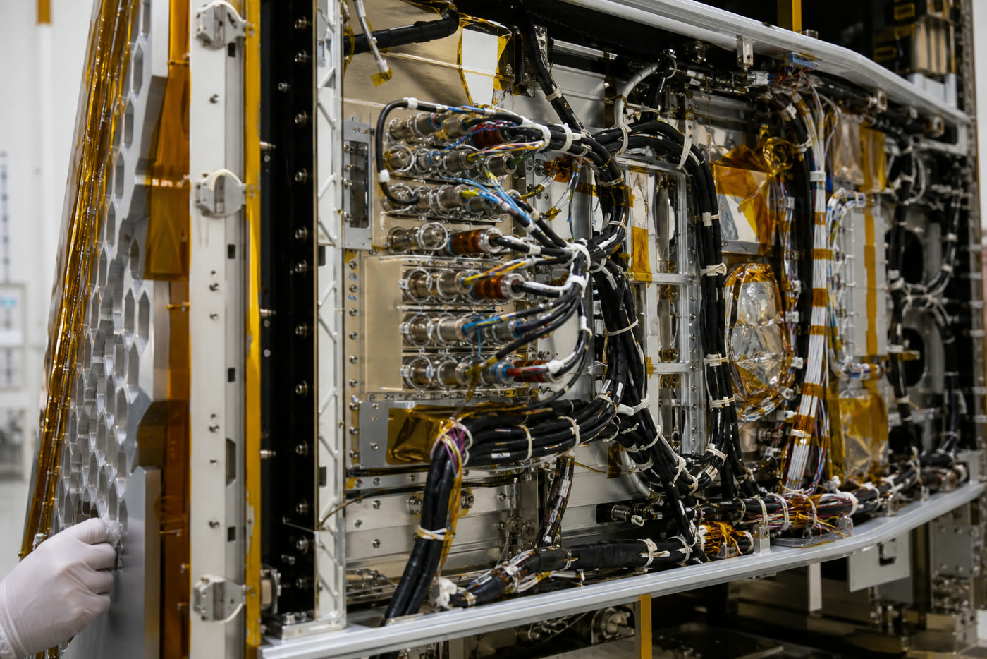 Illustration: cable harnesses inside a satellite avionics bay