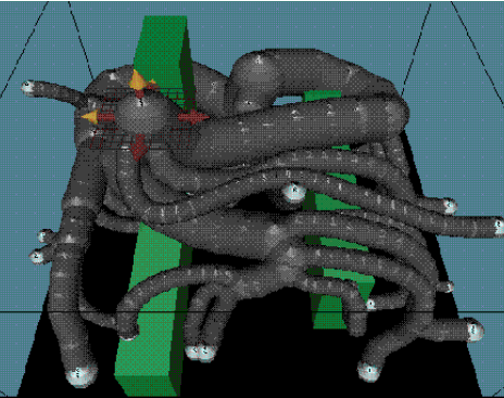 Cable bundle routing visualization showing optimized paths through a complex assembly