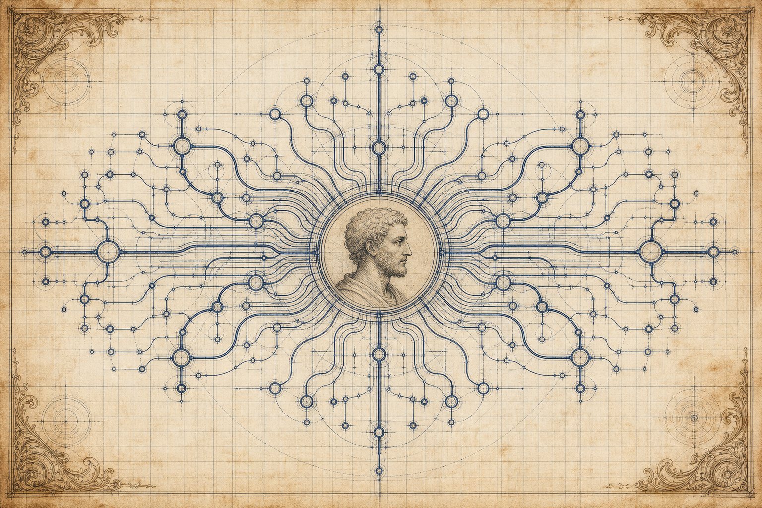 Cover illustration: a vintage engineering schematic with a classical portrait at the center, in navy ink on cream parchment.