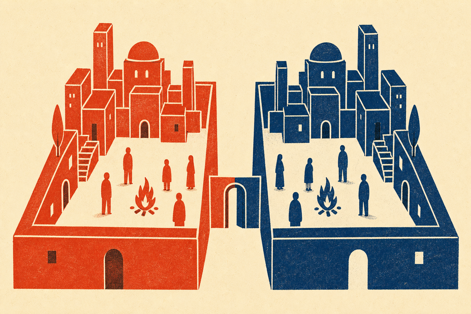 Cover illustration: two cities side by side, one rendered in red and one in navy, with a small doorway connecting them.