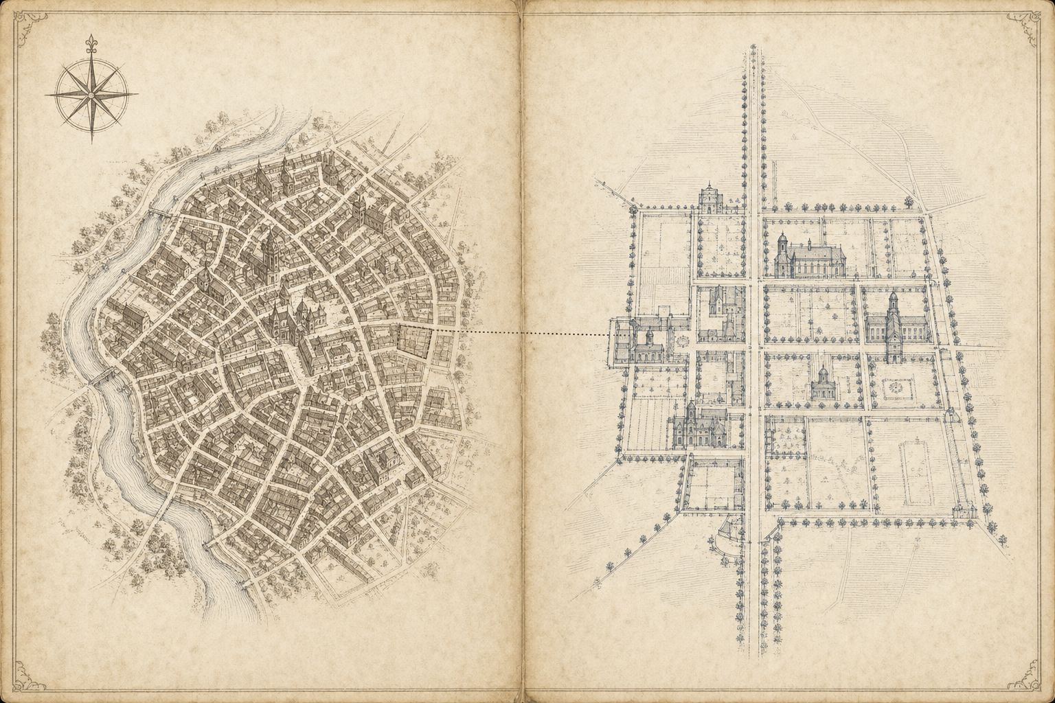Cover illustration: two 19th-century city maps side by side, in sepia and navy ink on cream paper.