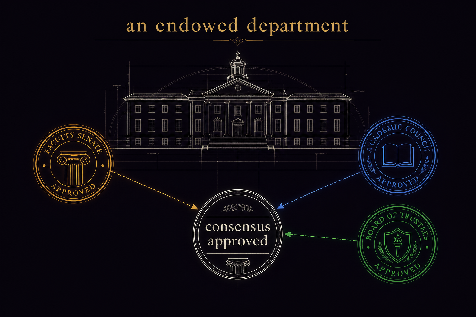 An architectural drawing of an academic building with three approval seals in gold, blue, and green converging on a central seal that reads 'consensus approved.' Above: 'an endowed department.'