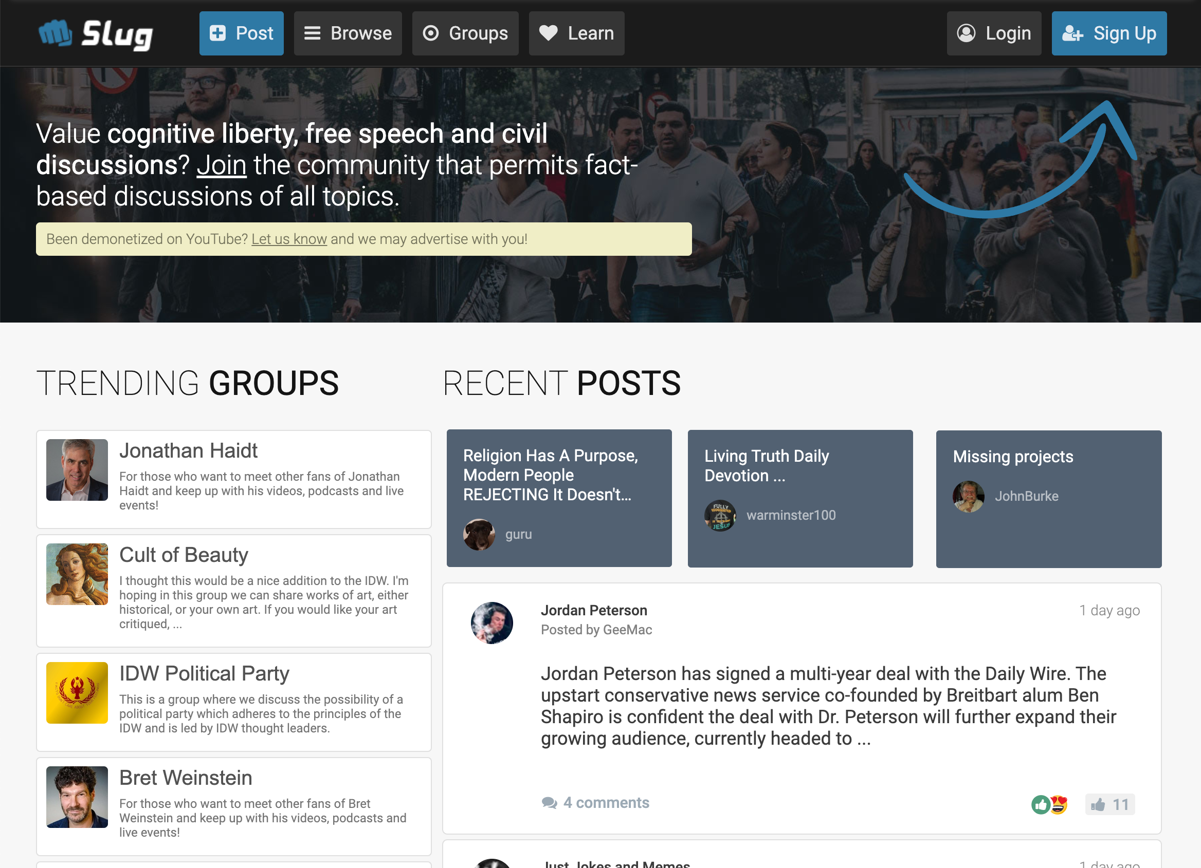 Screenshot of slug.com after the IDW rebrand: 'Slug' wordmark with a fist logo, headline 'Value cognitive liberty, free speech and civil discussions?', a sidebar of Trending Groups (Jonathan Haidt, Cult of Beauty, IDW Political Party, Bret Weinstein), and recent posts including a Jordan Peterson item.